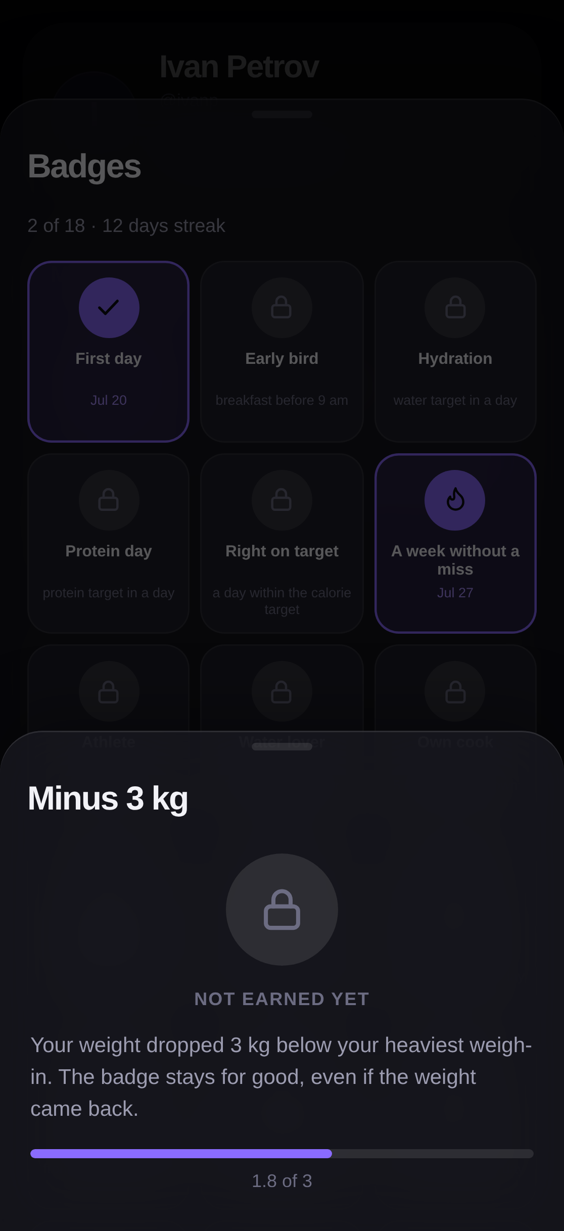 Achievement showcase: unlocked and locked badges, progress toward the «Minus 3 kg» badge