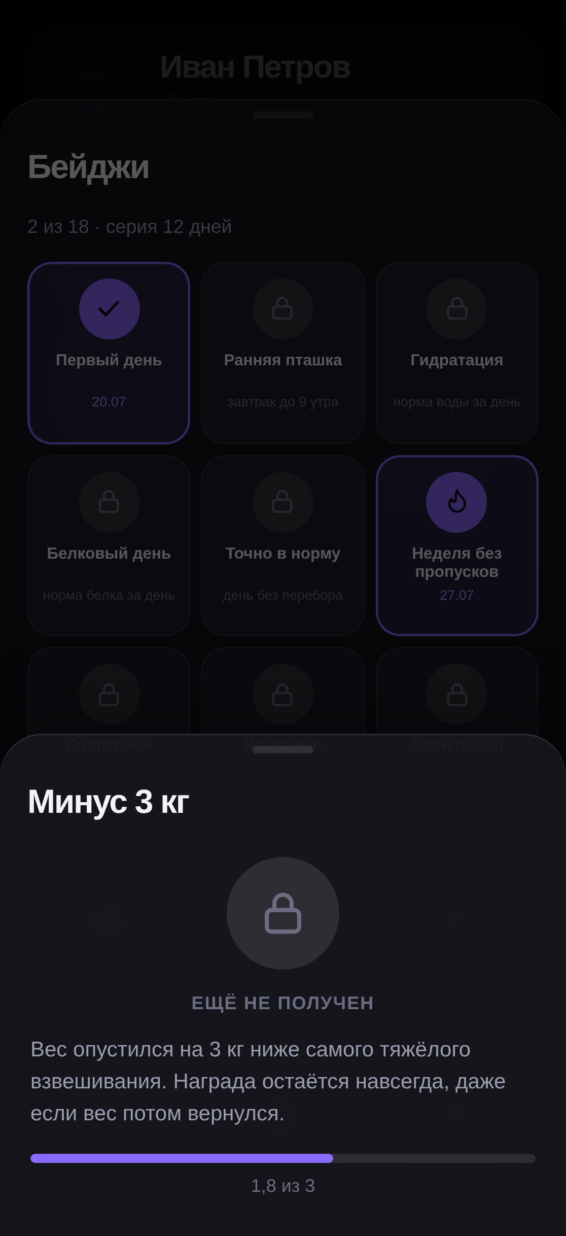 Витрина наград: открытые и закрытые бейджи, прогресс к награде «Минус 3 кг»